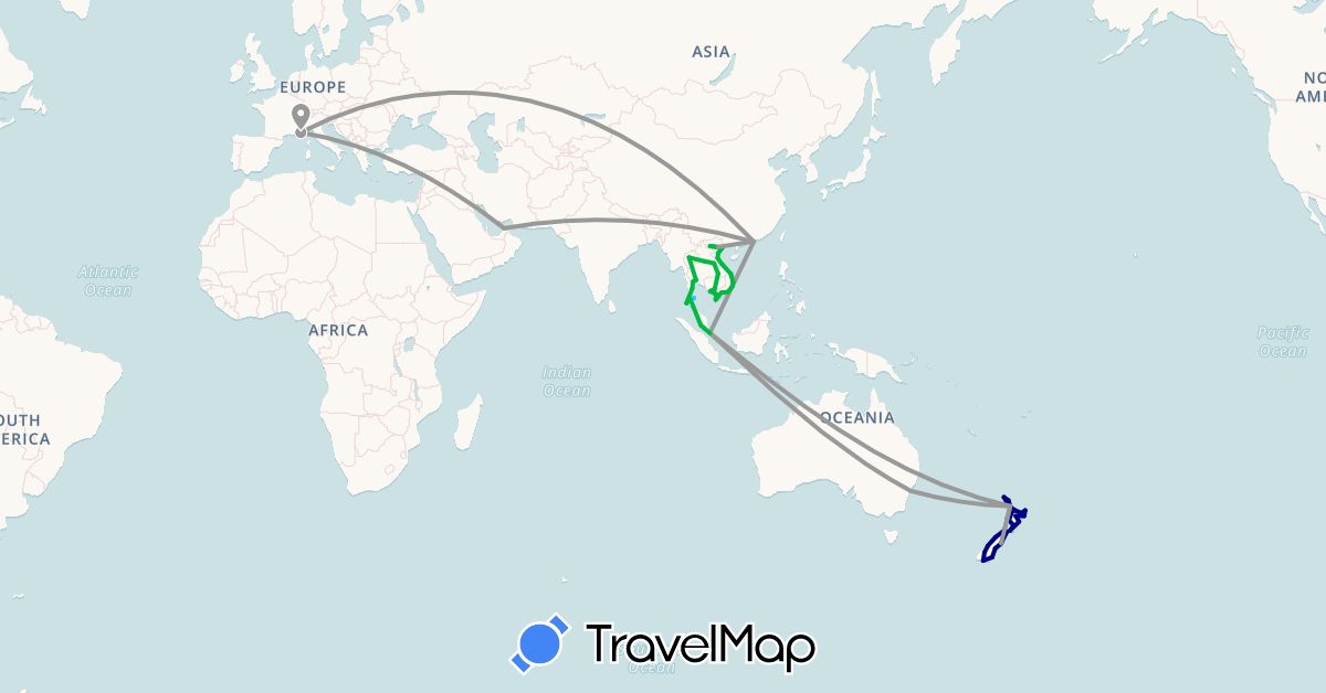 TravelMap itinerary: driving, bus, plane, boat in United Arab Emirates, Australia, France, Hong Kong, Cambodia, Laos, Malaysia, New Zealand, Singapore, Thailand, Vietnam (Asia, Europe, Oceania)